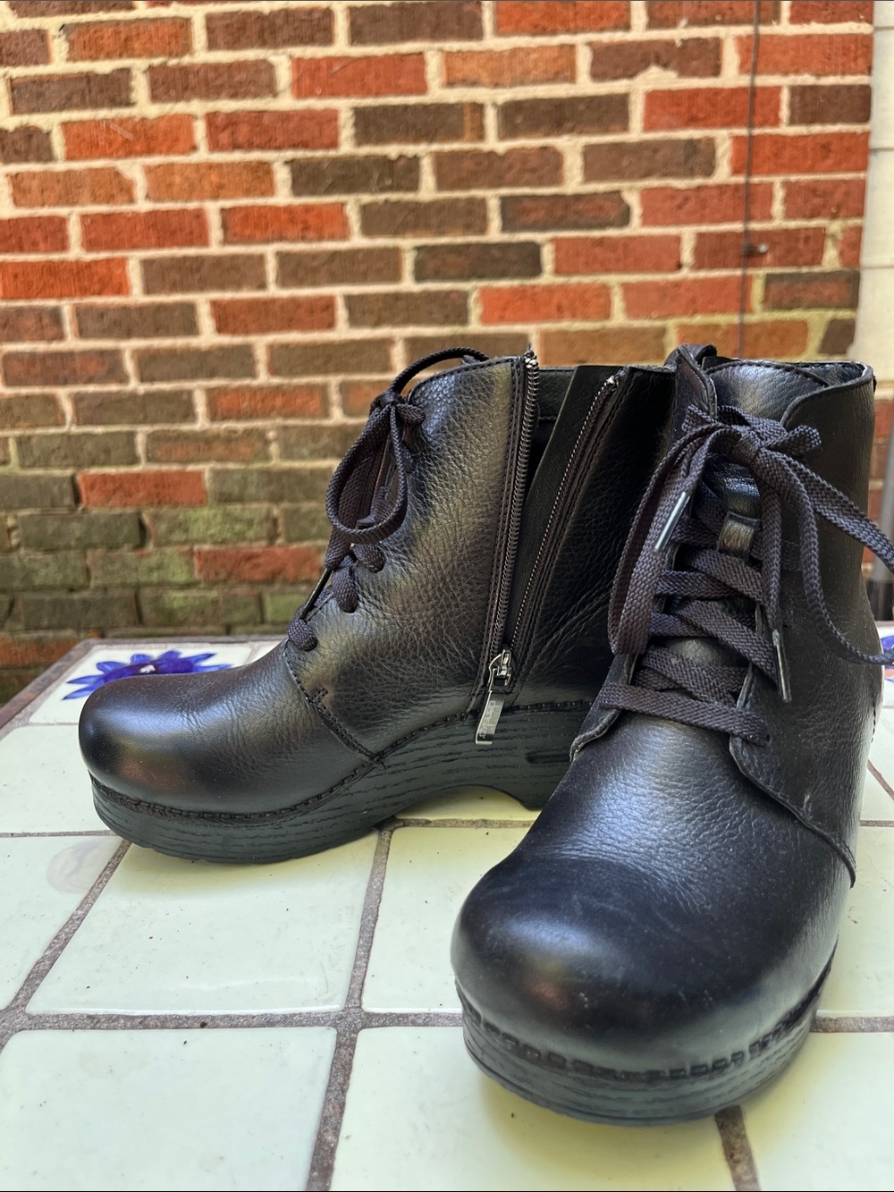 Dansko Black Leather Lace-Up Ankle Boots with Side Zip